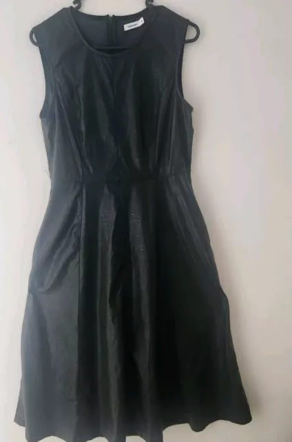 womens Sleeveless A Line Faux Leather Dress Sz 10 Black Wet Look Midi Solid