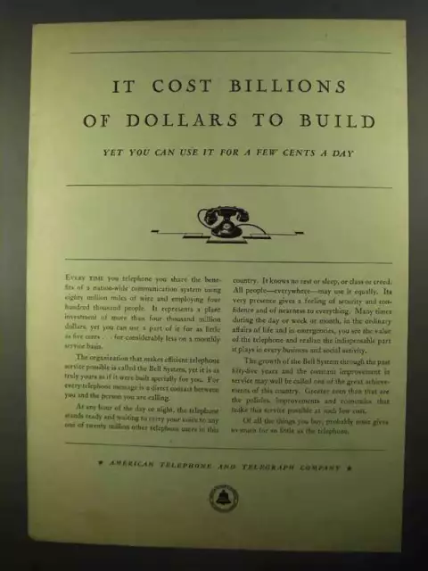 1931 AT&T Telephone Ad - Billions of Dollars To Build