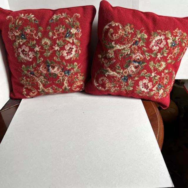 Vintage 2 Ralph Lauren Chaps Summerton Red Floral Wool Needlepoint Accent Pillow