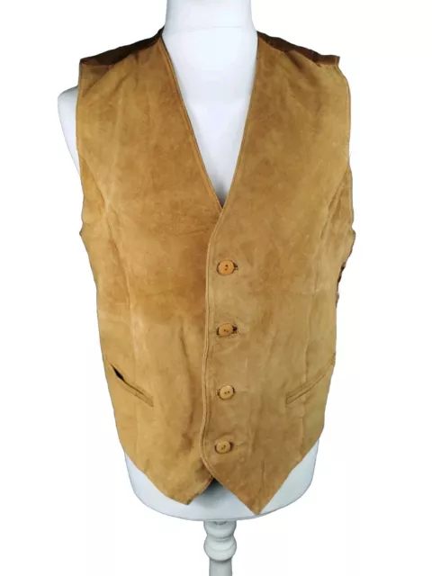 Vintage Mens Golden Sandy Brown Suede Leather Western Waistcoat Vest Size 42 L