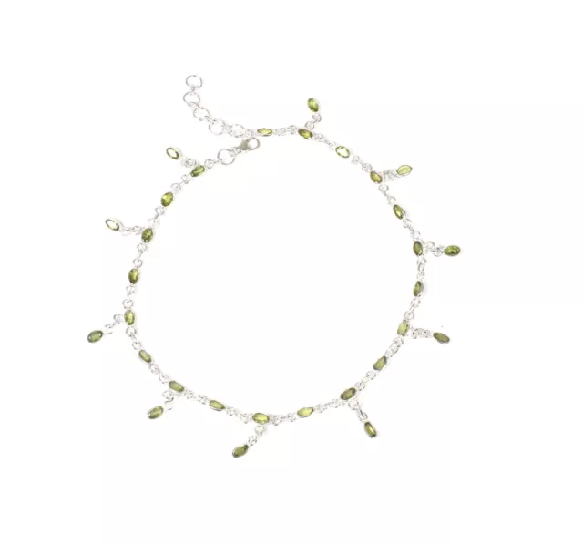 925 Solid Sterling Silver Faceted Green Peridot Anklet B c741