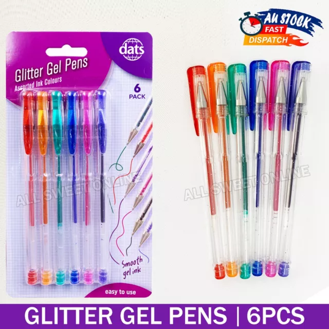 6 Glitter Pens Art Colour Gel Ink Pen Invitation Party Drawing Red Green Blue AU