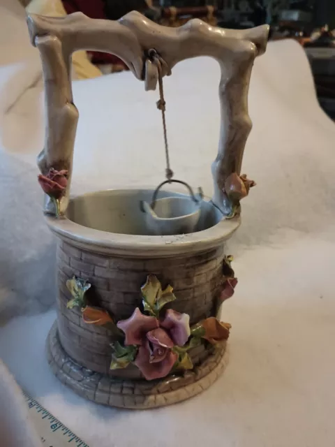 ANTIQUE CAPODIMONTE PORCELAIN 10.5”x 6” WISHING WELL W/ ROSES FROM ITALY