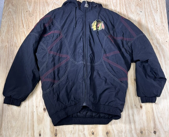 NHL Blackhawks Starter Jacket Mens XL Full Zip Hooded Puffer Lg Emblem Black Red NHL Blackhawks Starter Jacket Mens XL Full Zip Hooded Puffer Lg Emblem Black Red