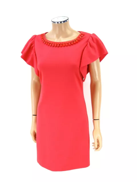 TRINA TURK Shift Dress SIZE 2 SMALL Hot Coral ODELE Jewels Neck Flutter Sleeve 3