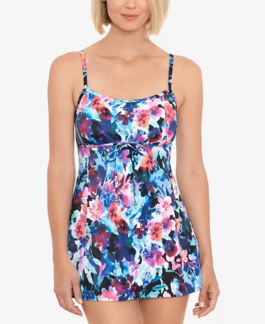 MSRP $109 Swim Solutions Empire-Waist Swimdress Black Size 16