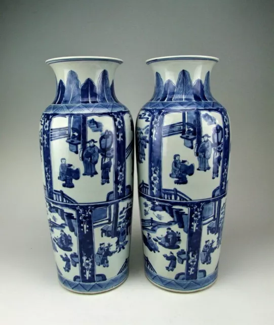 Pair of China Antiques Blue&White Porcelain Vases with Ancient Personages Deco