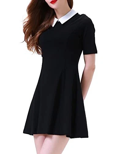 Aphratti Women's Short Sleeve Casual Peter Pan Collar Cute Fit and Flare Dress,