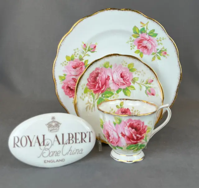 3 pc Royal Albert AMERICAN BEAUTY Trio Set Footed Cup, Saucer, 8" Plate: EUC ~B
