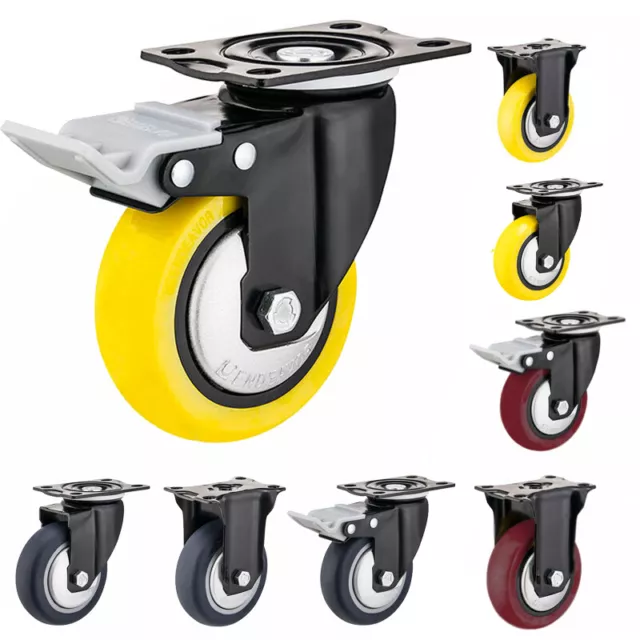 2 / 4 Pack Heavy Duty Swivel Plate Caster Wheels 3" 4" 5" Polyurethane Wheels US