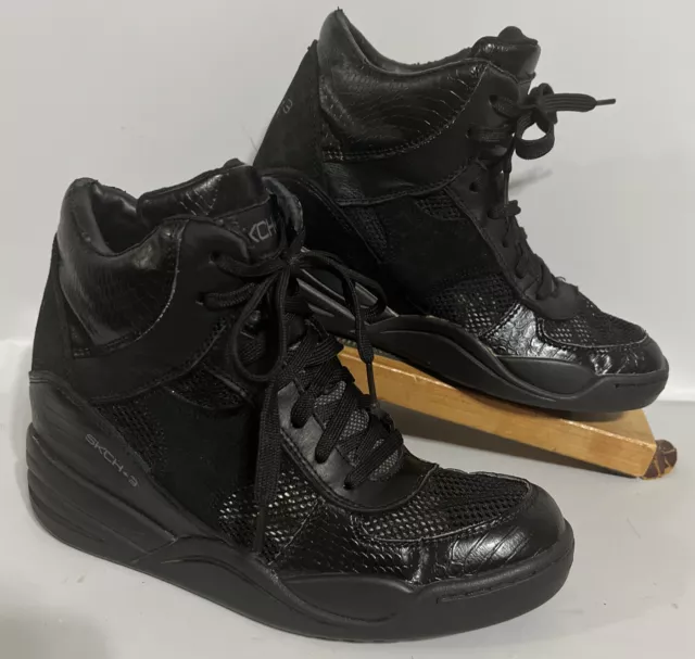 Skechers SKCH+3 Womens Size 9 Black Hidden Wedge Sneakers Leather 48565 Lace Up