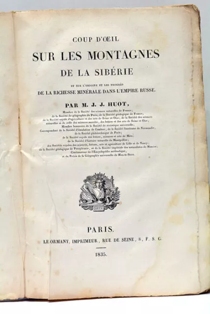 Livre ancien HUOT Coup d'Œil sur les Montagnes de la Sibéri Mineraux Mines 1835