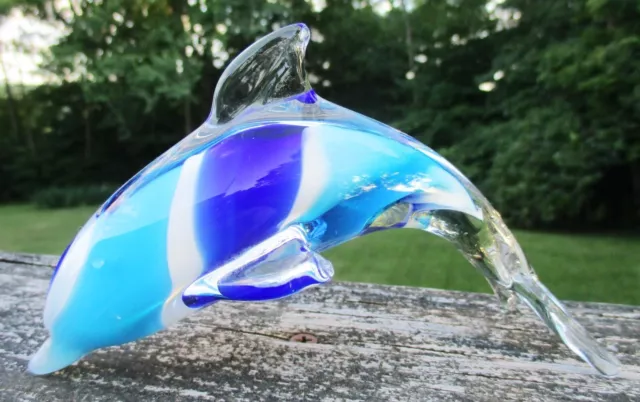 Dolphin Figurine Hand Blown Art Glass Cobalt & Lt Blue White Striped Paperweight