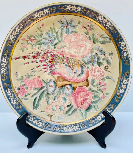 Vtg Macau Cloisonne 3-D Peacock Gold Pink Blue Floral Ceramic 10 " Plate W/Stand