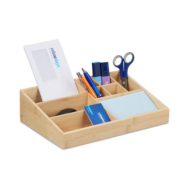 Organiseur De Bureau 4 Compartiments Bambou Noir - Grand Rangement Amovible Pour Stylos Et Cosmétiques