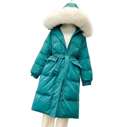 Winter Large Natural Fur Collar Hooded Down Long Jacket 90% White Duck Down Coat