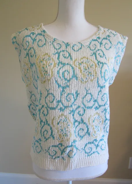 Vtg 80's Round Neck White/Blue Floral Short Sleeve Knit Sweater Womens Sz S