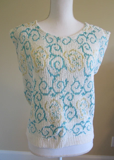 Vtg 80's Round Neck White/Blue Floral Short Sleeve Knit Sweater Womens Sz S
