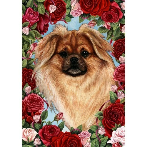 Roses House Flag - Red Sable Tibetan Spaniel 19477