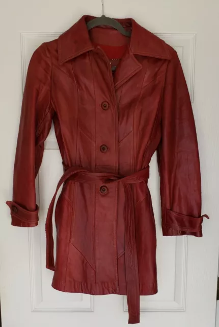 Vtg 70s Skin Gear Napa Y Ante Womens Burgundy Soft Leather Coat w/ Belt Size 8