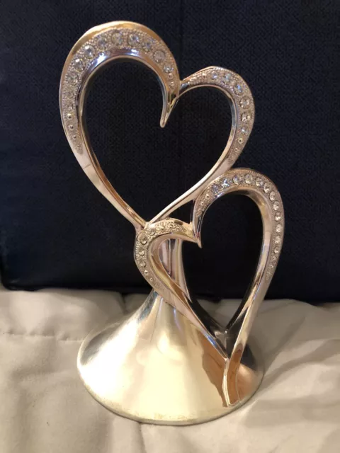 Double HEART Silver Metal with Rhinestones Cake Topper
