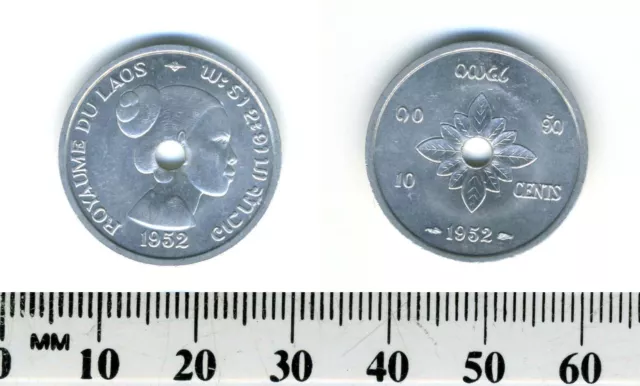 Lao 1952 - 10 Cents Aluminum Coin - Female head - Center hole - Sisavang Vong