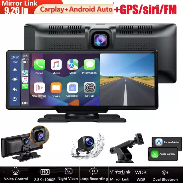 9.26" 2.5K Dash Cam Car Stereo For Apple Carplay & Android Auto GPS +Rear Camera