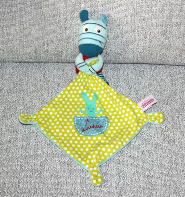 Pommette Doudou Zebre Bleu Mouchoir Bleu Pois Vert Lapin Etat Neuf