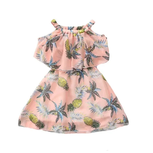 es-uk Girls Chiffon Tropical Print Cold Shoulder Elastic Waist Dress