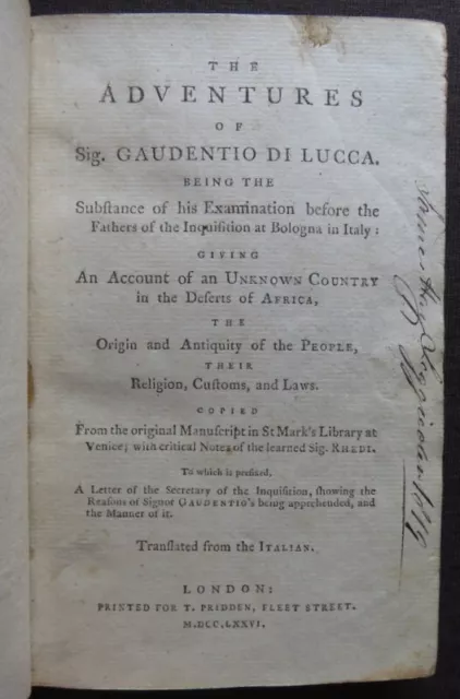 ADVENTURES GAUDENTIO DI LUCCA ~1776~ UTOPIAN NOVEL Unknown Africa BERINGTON