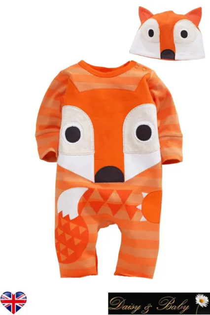 FOX BABY GROW romper sleep suit Unisex girl boy UK Cotton Hat BNWT animal 0-12UK