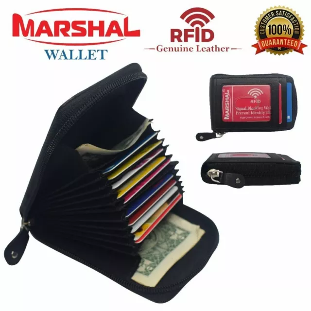 Men's Genuine Leather Credit Card Wallet Holder RFID Blocking Zipper Thin Pocket