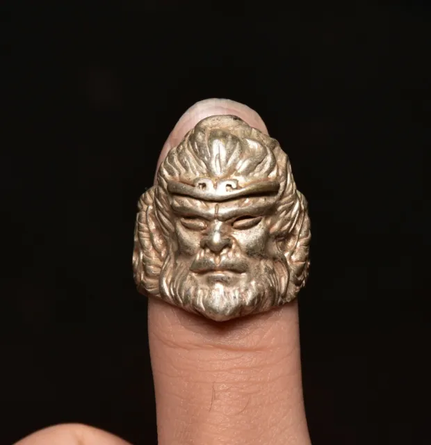 1.4" Collect Rare Old Chinese Silver Dynasty Sun Wukong Monkey Head Ring Rings