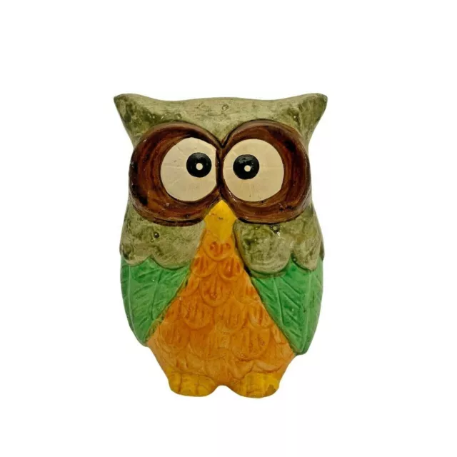 Chalkware Owl Coin Bank Hand Painted Piggy Penny Made in Taiwan Vintage