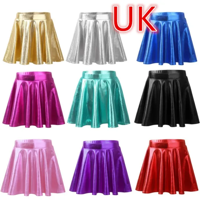 UK Kids Girls Mini Skirt Shiny Glossy Metallic Pleated Skirt  A-Line Dancewear