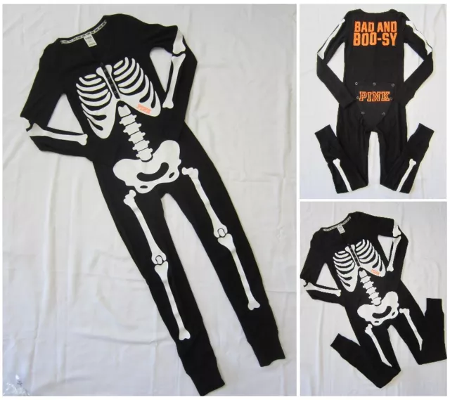 Victoria Secret Pink HALLOWEEN SKELETON THERMAL SLEEP ONE PIECE PAJAMAS XS S M