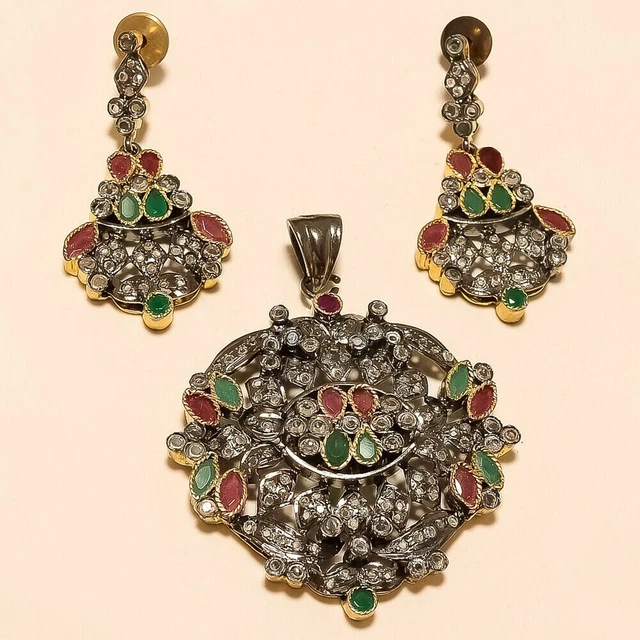 Victorian Emerald Ruby Pendant Earrings 925 Sterling Silver English Old  Jewelry