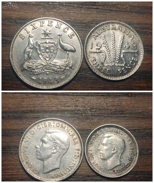A Set of 2 Silver 1943-D Australia Coins - 3 & 6 Pence  - Free U.S. S/H