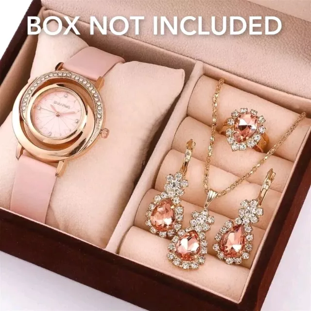 Watch Gift Set for Women 5 Piece Pink Champagne Crystal Earrings Necklace Ring