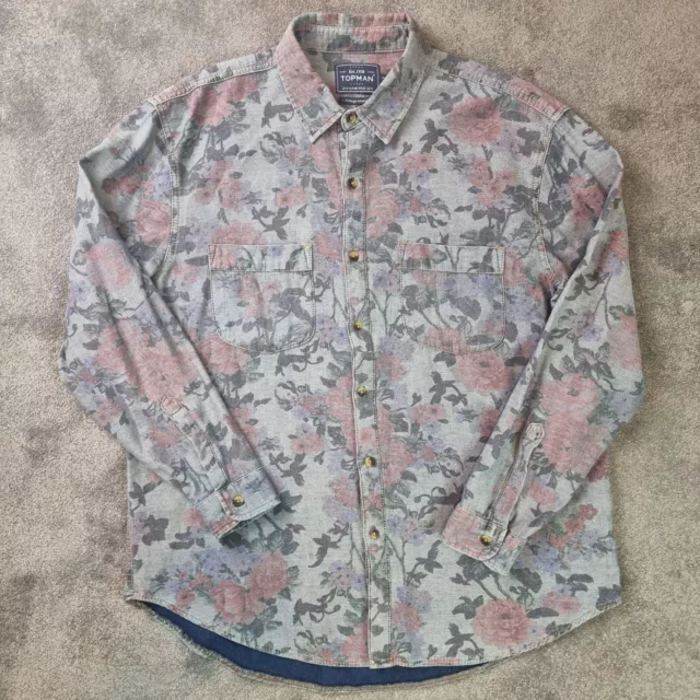 Topman Denim Shirt Mens Medium Vintage Floral Button Up Grunge Indie Skater Fit