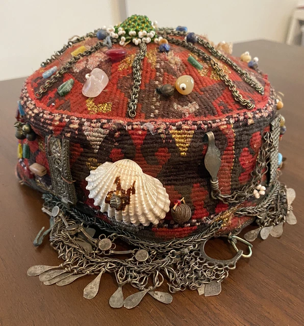 Vintage Antique Afghan Turkmen Dowry Cap Hat Embroidered Beaded Coin Shell