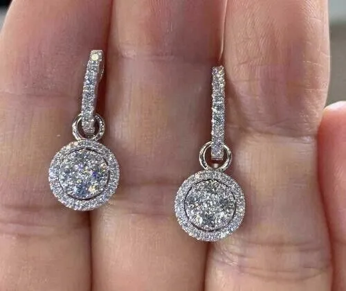 Clip On Round Simulated Diamond Drop/Dangle Halo Earrings 14k White Gold Plated