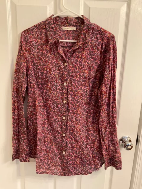 Old Navy Womens Sz L Tall Blue Pink Floral Full-Button Long-Sleeved Cotton Shirt