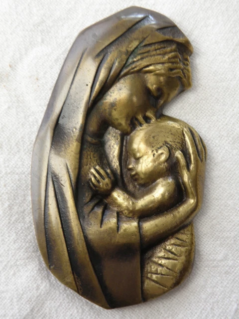 Grande Médaille Religieuse Ancienne – Bronze, Vierge Couronnée à L’enfant Et Chérubins