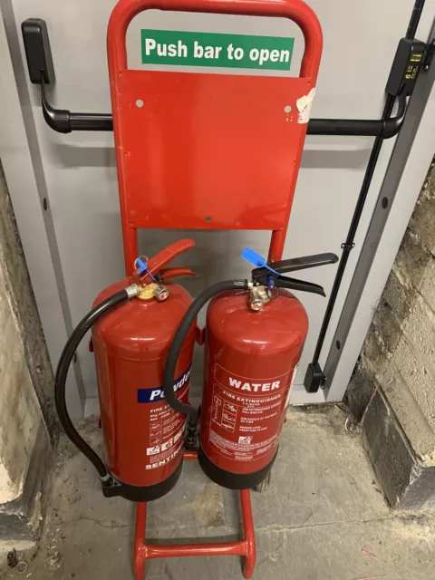 Pair of Powder and Water Fire Extinguishers on Trolley VGC