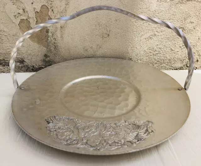 Vintage Cromwell Hammered Hand Wrought ALUMINUM Birds Flower Tray Basket