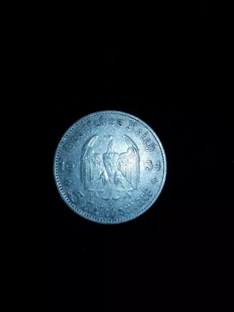 1934 Germany Third Reich 5 Reichsmark Garrison Church Silver Coin . 02-20