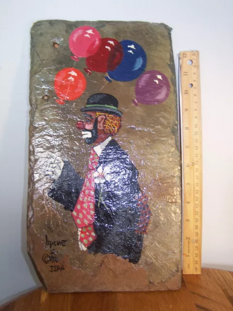 Pierre Louis Laiche Bourbon Street Clown Hobo Painting on Slate Tile 1986 Signed