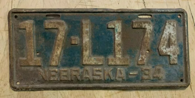 1934 Nebraska Passenger Auto License Plate " 17 L174 " Ne 34  All Original Cond