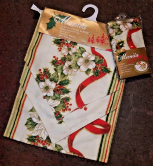 New Cream / Red Festive Christmas Garland Poinsettia Table Runner / Napkins